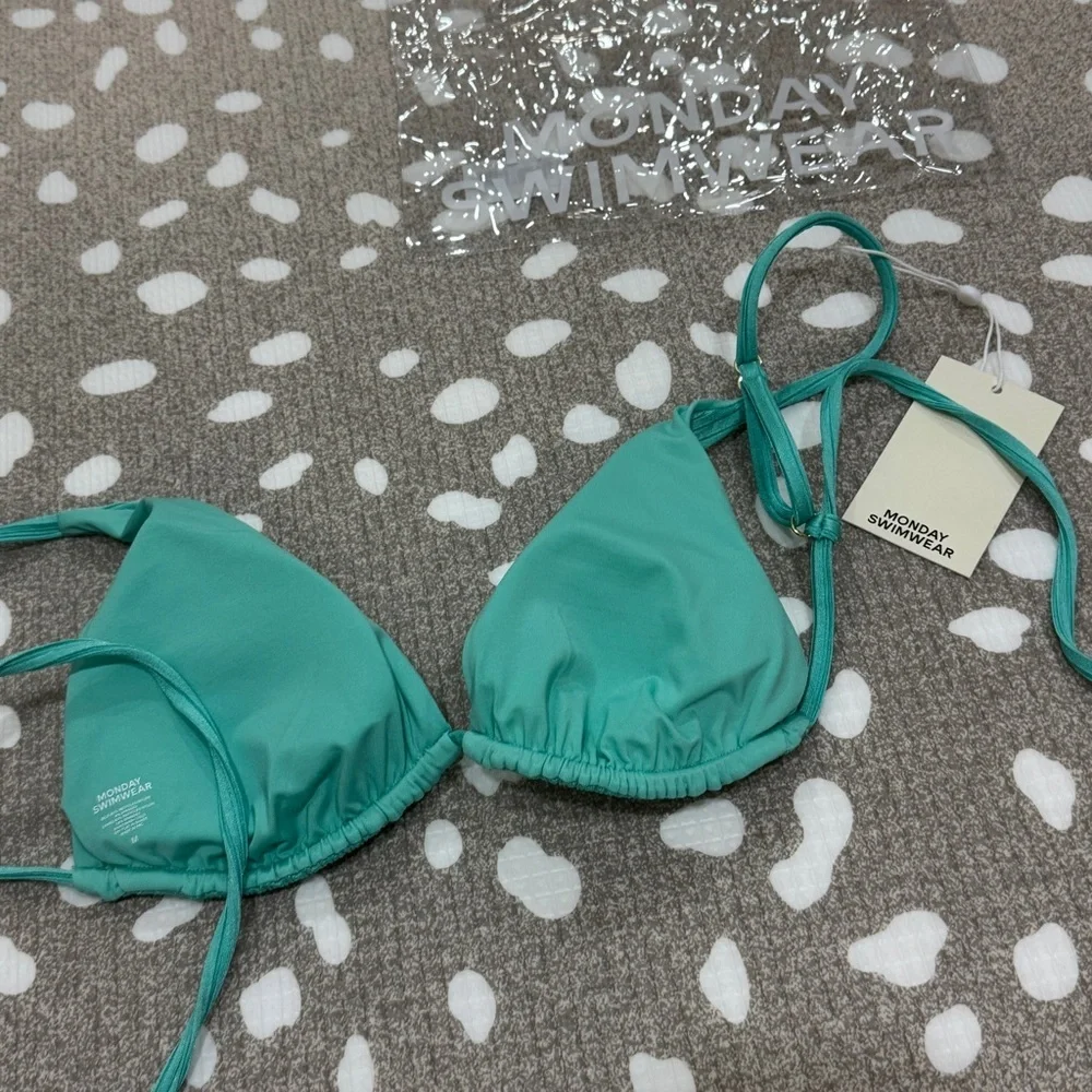 NWT Monday Swimwear bikini top Kauai turquoise wide rib open back triangle